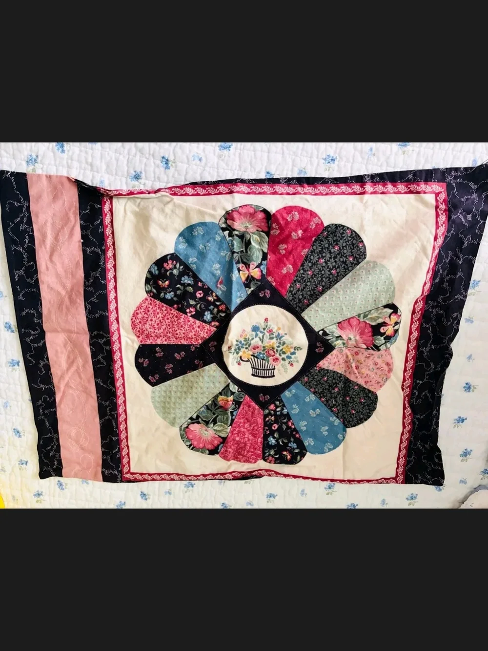 Quilted Style Pillow Case in Pink, Blue, Black and Cream